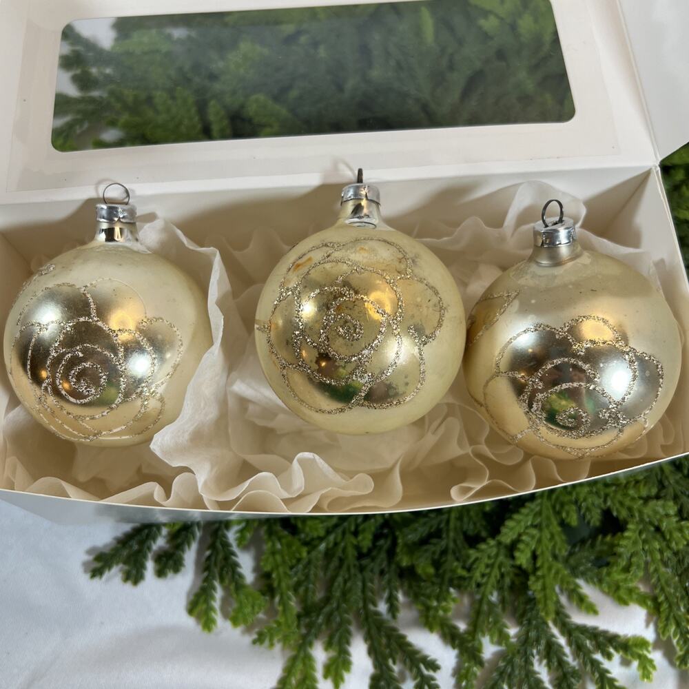 Vintage Set of 3 Glass Christmas West Germany Ball Ornaments Beige Cream Gold